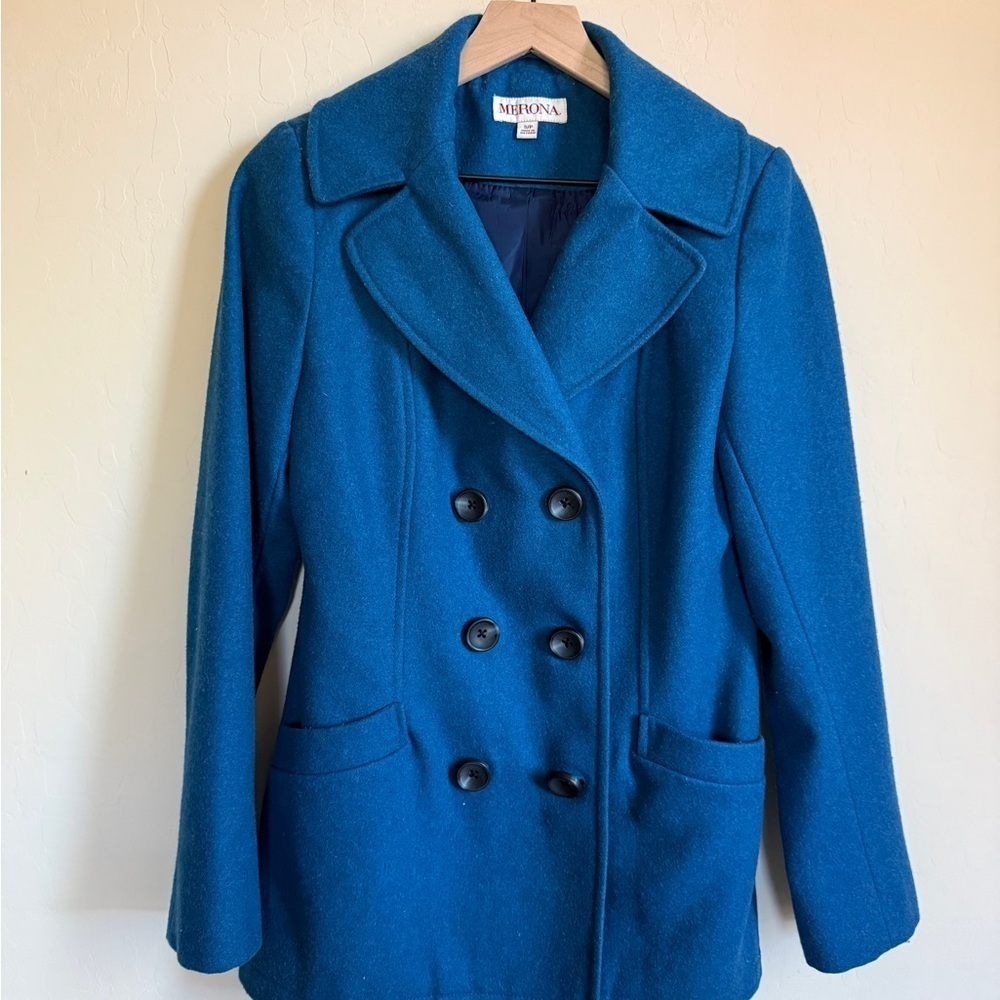 Merona Wool Blend Double Breasted Women's Blue Thick Peacoat small